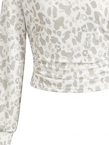 Light Leopard Print, Teen Girls Fall/Winter Back To Basic Solid Color Pleated Asymmetrical Neck Long Sleeve Pullover - Multicolor - View 5