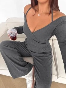 Sunnyshic Plus Size Freela Women's Solid Color Cold Shoulder Pleated Wide Leg Casual Jumpsuit - Black - View 6