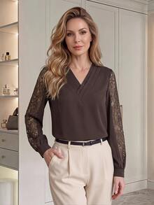 Medorina Women's V-Neck Lace Patchwork Casual Daily Wear Top - Brown - View 1