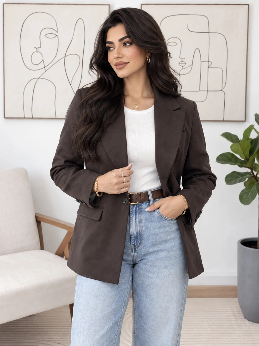 Solavon Plus Size Elegant Button Long Sleeve Blazer - Coffee Brown - View 1