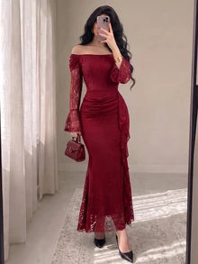 Modelyn Women's Elegant Burgundy Lace Cold Shoulder Ruffle Sleeve Dress, Slim Fit Bodycon Mermaid Dress, Ruched Waist, Side Ruffle Trim, Suitable For Wedding Guest, Party, Evening Event, Concert - Burgundy - View 4