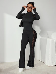 Slayform Slayform Women's Zipper Waist-Cinching Top And Mesh Patchwork Long Pants Sports Set - Black - View 3