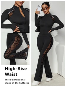 Slayform Slayform Women's Zipper Waist-Cinching Top And Mesh Patchwork Long Pants Sports Set - Black - View 1