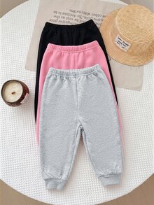 SHEIN 女嬰直筒錐腳加厚抓絨內裡運動長褲 3 件套，冬季百搭 - 彩色 - 查看 2