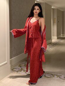 DAZY Women's Polka Dot Print Long Sleeve Robe, Camisole And Pants Pajama Set - Red - View 6