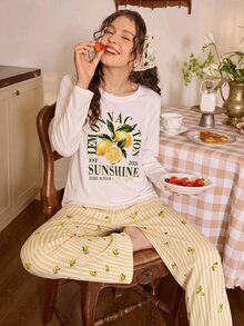 Tulorae Women's Casual Round Neck Pastoral Lemon Striped Print Long Sleeve Long Pants Pajama Set - Multicolor - View 4