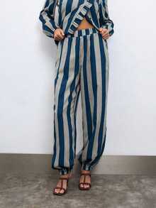 Nöista Women's Button Ruffle Trim Blouse And Striped Contrast Color Tapered Long Pants Set - Dusty Blue - View 3
