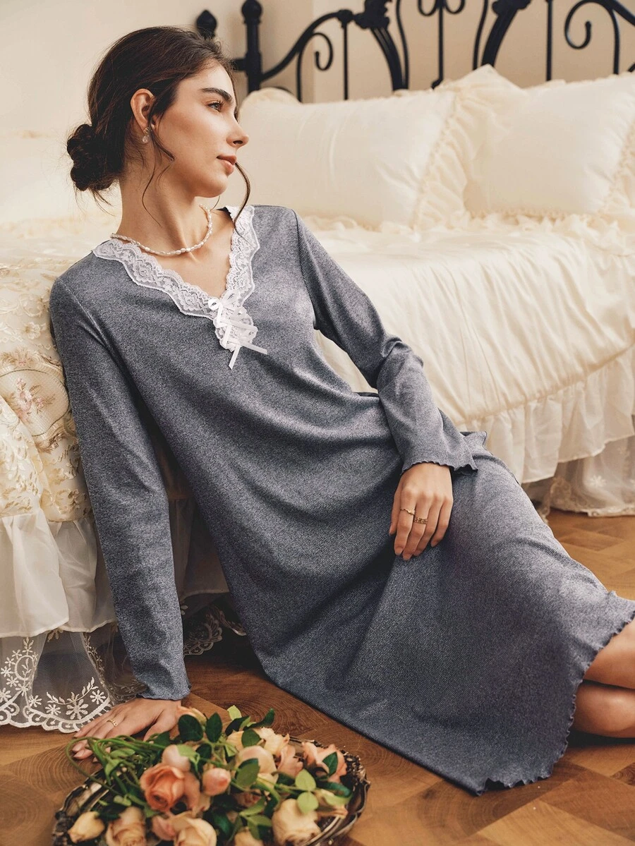 Côtesoire Women's Southern French Romantic Minimalist Lace Long Sleeve Loose Long Nightgown - Light Grey - View 1