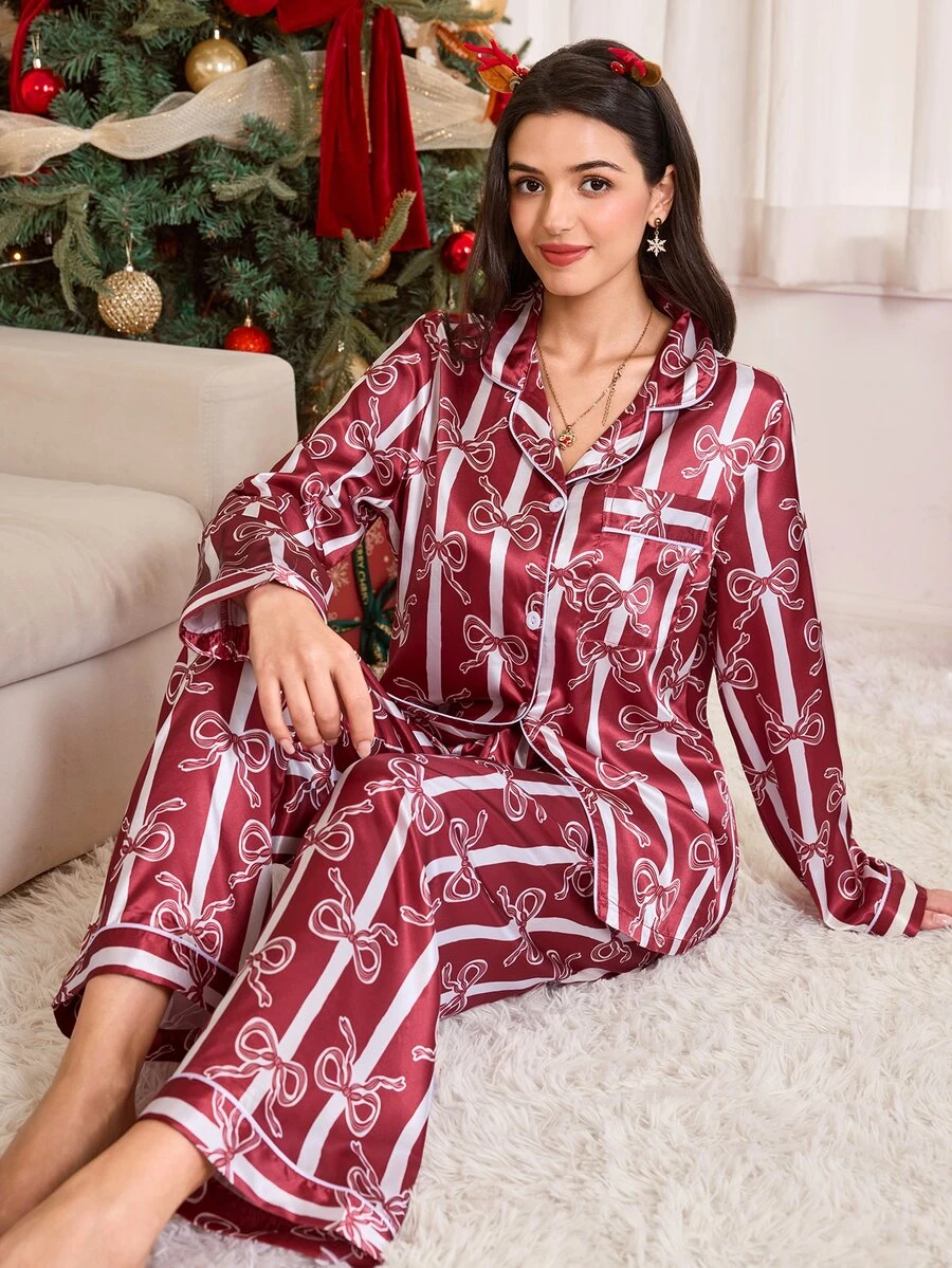 CoupledUp Couples Satin Red With White Striped Bow Collar Cardigan Long Pants Long Sleeve Pajama Set For Women - Burgundy - View 1