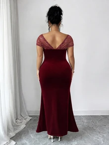 Elenzga Plus Size Luxury Sequin Pleated Elegant Dress - Burgundy - View 2