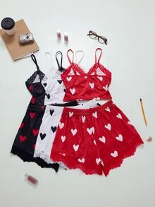 ZzzCrew Heart Print Lace Camisole & Shorts 2 Pieces Pajama Set, Sweet Sexy Cropped Waist Loungewear, 6-Piece Set - Black - View 8
