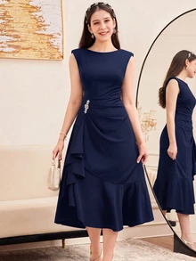 SHEIN فستان أزرق أنيق مزين بتجاعيد وكشكشة بدون أكمام للفتيات المراهقات - أزرق بحري - مشاهدة 7
