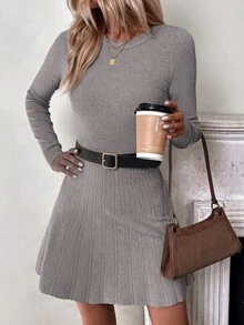 SHEIN Women's Solid Color Round Neck Long Sleeve Casual Knitted Dress, Autumn - Dusty Purple - View 6