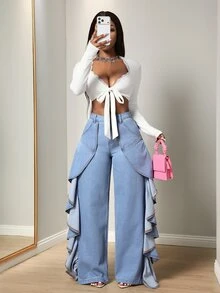 BamGleam Festival Size Denim Women's Blue Non-Stretch Slim Fit Ruffle Hem Straight Leg Pants - Light Wash - View 6