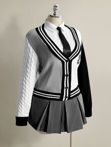 SHEIN ICON Áo cardigan nữ size lớn in kỹ thuật số phong cách thường ngày thoải mái - Đen và trắng - Xem 6