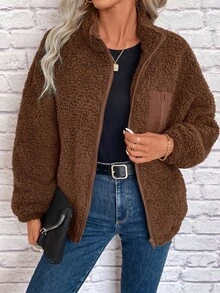 SHEIN LUNE Zip Up Drop Shoulder Teddy Jacket In Fall/Winter,Casual - Brown - View 10