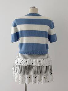 Sunspun Plus Size Women's Heart Pattern Short Sleeve Knit Top, Suitable For Spring, Summer, Autumn, Winter. Perfect For Back To School, Daily Wear Or Graduation Ceremony Occasions. Suitable For Valentine's Day, Halloween, Christmas Outfits, Blue And White Striped Heart Peach Design, Y2k Series - Blue and White - View 2