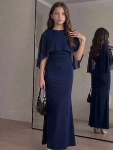 SHEIN Gaun Pesta Anak Perempuan Remaja Perempuan, Gaun Elegan Warna Biru Tua yang Pas di Badan - Navy Blue - View 1