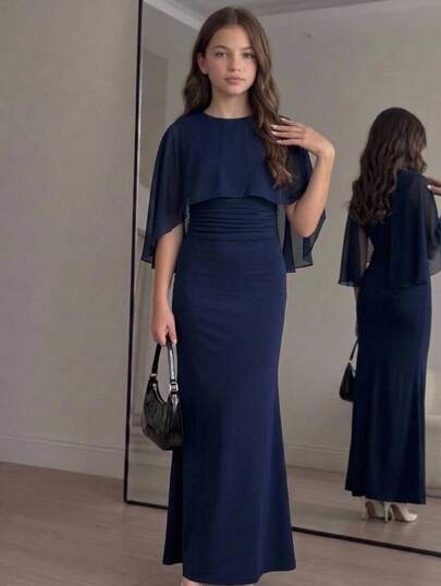 SHEIN Tween Girl Tween Girl Partywear Deep Blue Elegant Fitted Dress