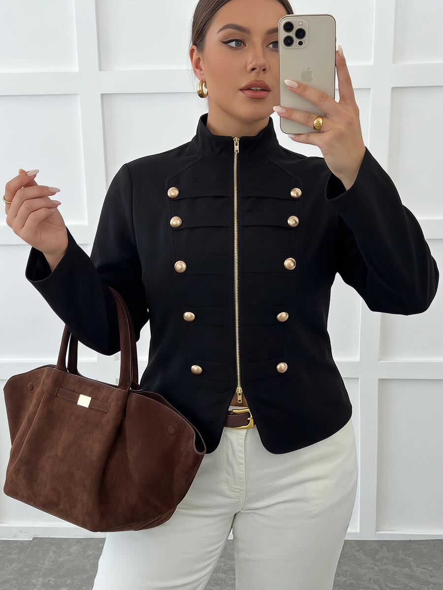 SHEIN Clasi Jaket Lengan Panjang Berresleting Ganda Elegan Ukuran Plus - Hitam - View 1