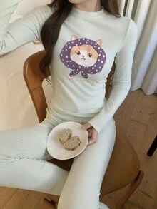 DAZY 2pcs Cute Cat Pattern Slim Fit Long Sleeve Long Pants Pajama Set, Autumn Innerwear Sleepwear Set For Women - Green - View 6