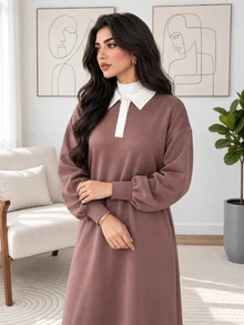 Solavon Plus Size Women's Colorblock Polo Collar Long Sleeve Casual Dress - Multicolor - View 7