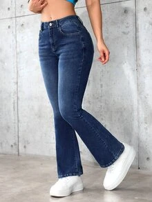 SHEIN PETITE 女款時尚鈕扣口袋喇叭牛仔褲 - 中等水洗藍 - 查看 6