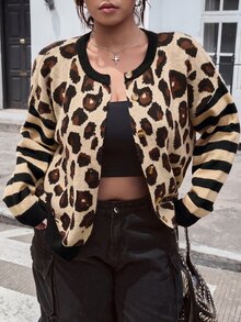 SHEIN EZwear Plus Size Women Leopard Print Striped Patchwork Front Button Cardigan, Casual 1950s Vintage 1920s For Autumn/Winter Office Concert Beige - Black and White - View 3