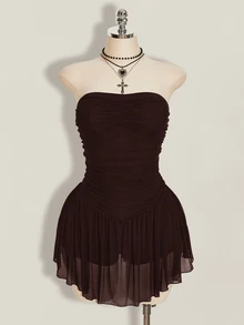 SHEIN ICON Women's Plus Size Retro Goth Sexy Fashion Individual Simple Elegant Y2K Black Strapless Mesh Dress With Gathered Chest Going Out Rave Summer - Brown - View 3