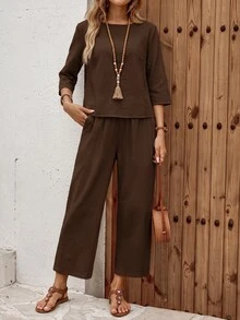 EMERY ROSE Women's Vacation Casual Solid Color Shirt And Pants 2 Pieces Set Vacation White Autumn - Brown - View 5