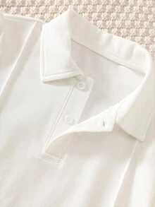 SHEIN 兒童小男孩休閒寬鬆百搭白色純色針織長袖 Polo 衫 - 白色 - 查看 3