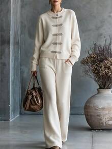 Omancia Elegant Ru Yi Button Long Sleeve Design Women's Sweater 2 Pieces Set - Apricot - View 3