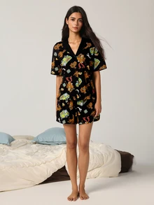 SCOOBY-DOO X SHEIN Women's V-Neck Short Sleeve Single-Breasted Top And Shorts Pajama Set - Black - View 5