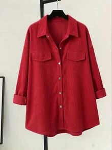 SHEIN LUNE Plus Size Corduroy Long Sleeve Loose Fit Shirt Fall Cloth For Women - Burgundy - View 6