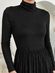 Ellevyn High Neck Black Contrast Lace Long Dress Autumn Outfit For Women Elegant Long Dress - Black - View 6