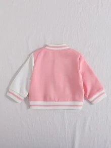 SHEIN Playful Pals Baby Girl Autumn/Winter Casual Sweet Cute Preppy Style Pink & White Colorblock Design 3D Plush Floral Applique Single-Breasted Ribbed Collar Drop Shoulder Baseball Jacket - Pink - View 2