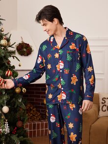 CoupledUp Vintage Santa Claus Gingerbread Man Snowflake Print Boys' Collared Long Sleeve Pajamas Loose Fit Loungewear - Blue - View 6
