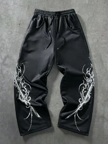 ROMWE MEN Dark Gothic Thorn Print Wide Leg Sweatpants For Men, Niche Subculture Rivet Pocket Drawstring Elastic Waist Floor Length High Street Vintage Loose Drape Flared Pants - Black - View 1