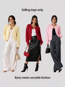 SHEIN BASICS 女款復古休閒純色單排扣長袖針織開襟衫 辦公日常上學商務 橄欖綠 秋季 - 淺粉色 - 查看 8