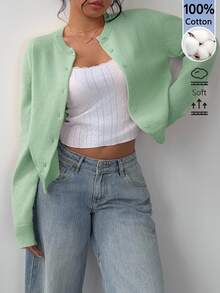 SHEIN BASICS 女款純色單排扣休閒百搭長袖開襟衫，適合日常外出、商務辦公、早午餐，米白色，秋季教師節 - 綠色 - 查看 5