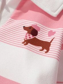 SHEIN 女童休閒 Polo 領兩件套，白色對比翻領粉色印花長袖上衣 + 粉色高腰 - 粉色 - 查看 7