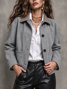 SHEIN Women's Houndstooth Contrast Color Lapel Cuff Wool Vintage Old Money Style Coat - Grey - View 5