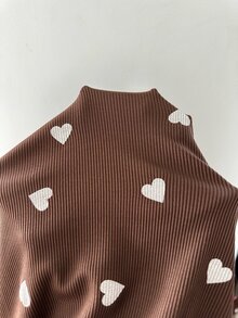 ZzzCrew Bộ đồ ngủ nữ dệt kim gân in hình trái tim, đồ mặc nhà thường ngày - Cà phê nâu - Xem 7