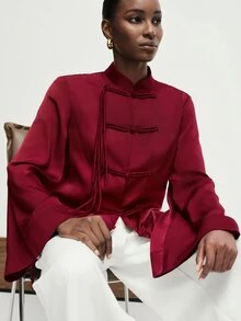 Aveloria Modichic Light Luxury Burgundy Acetate Satin New Chinese Style Jacket, Handmade One-Character Frog Button & Tassel Design, Stand Collar, Long Sleeve, Tang Suit, Daily, Banquet, Commute, National Style Top - Burgundy - View 1