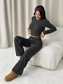 SHEIN PETITE 女款條紋長袖上衣與長褲休閒日常兩件套 - 黑色 - 查看 7