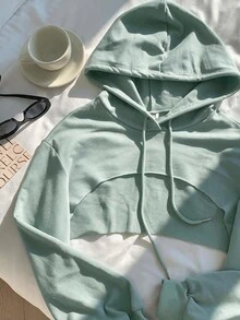 SHEIN EZwear 抽繩細節超短版連帽衛衣－黑白配色，秋冬長袖上衣 - 薄荷綠 - 查看 6