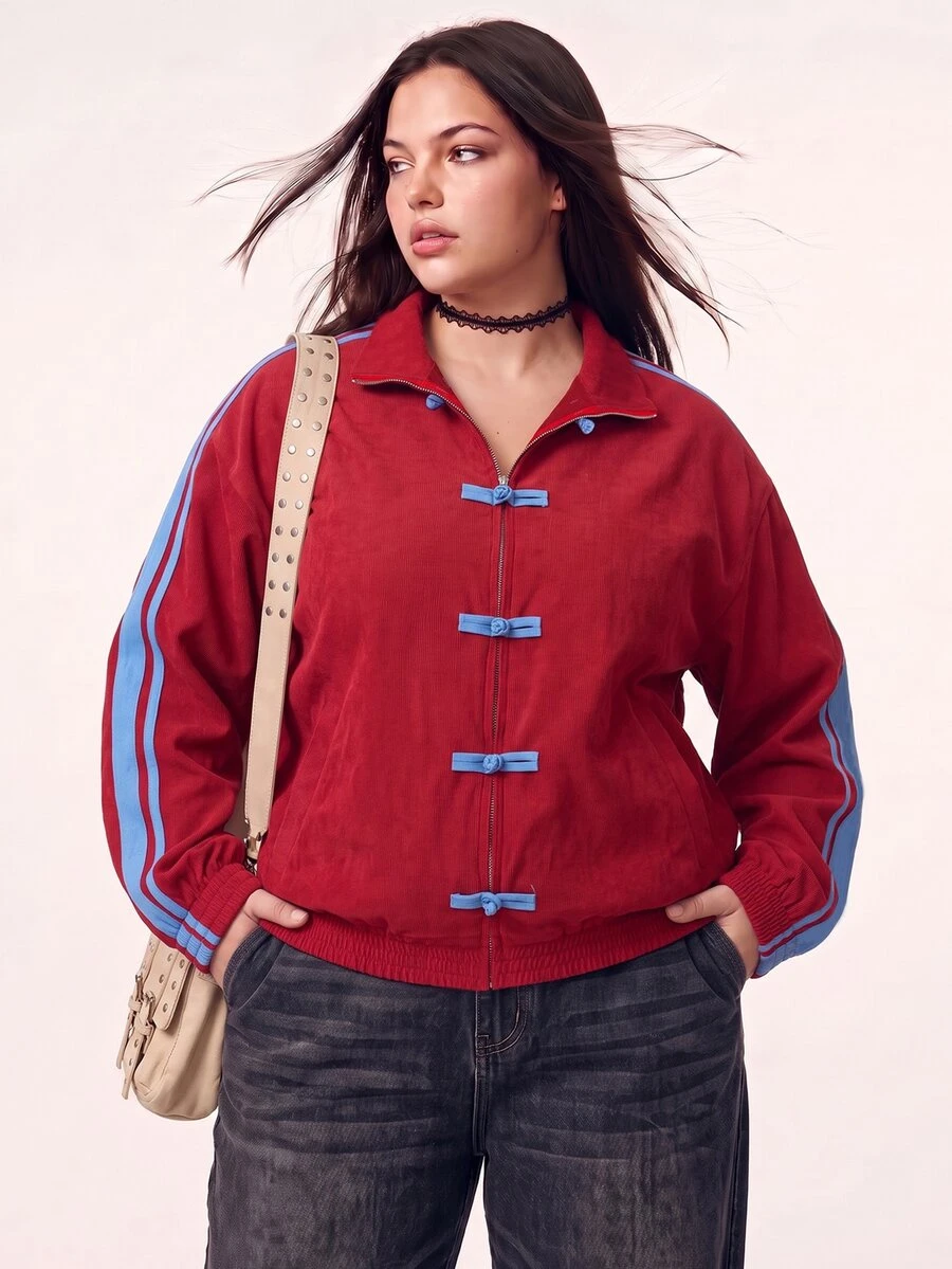 Comfortcana Plus Size Autumn/Winter Casual Streetwear Corduroy Red Frog Button Short Jacket - Red - View 1