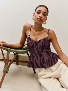 Nöista PRINTED PEPLUM TOP WITH BEADED STRAPS - Red and Black - View 4