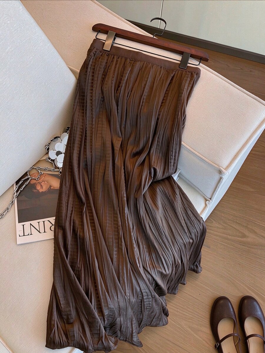 INAWLY Old Money Style Textured Pleated A-Line Skirt - Coffee Brown - View 1