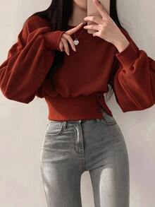 INAWLY Sweatshirt Kasual Wanita Warna Polos, Kerah Bulat, Bahu Longgar, Lengan Panjang, dan Pinggang Terikat - Burgundy - View 3